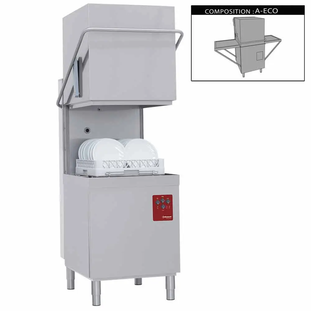 Diamond DK7/6/A 500mm Basket Passthrough Hood Dishwasher with Entry/Exit Table, 18 Plate Capacity