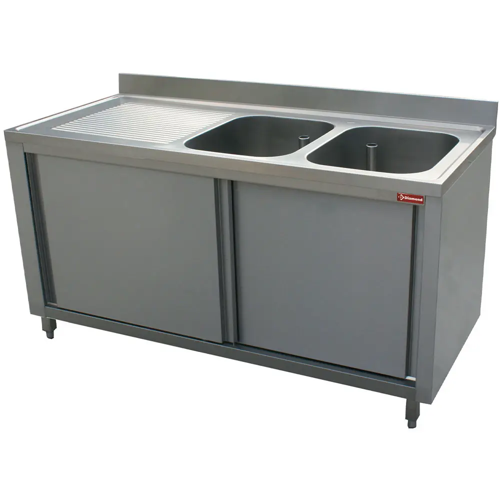 Diamond L1621S-AS Sink 2 Tanks 400X500Xh275, Left Draining Board On Cupboard With 2 Sliding Doors