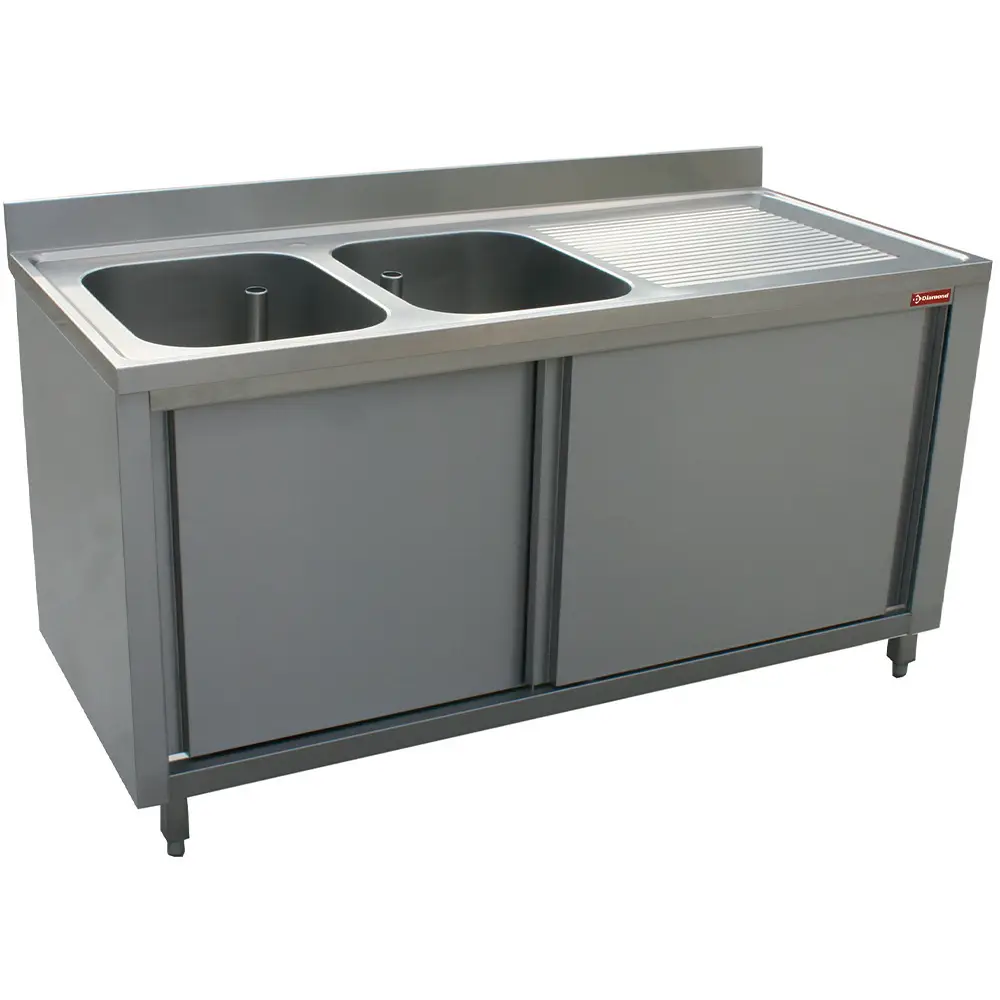Diamond L2021D-AS Sink 2 Tanks 600X500Xh325, Right Draining Board On Cupboard 2 Sliding Doors