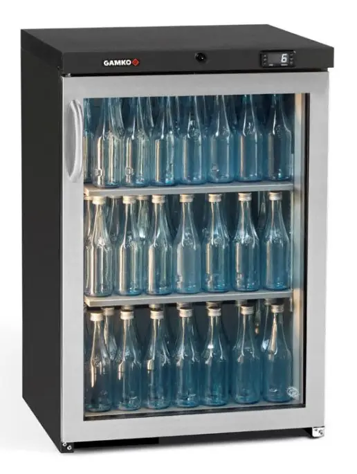 Gamko MG3/150RGCS Maxiglass Right Hand Hinged Stainless Steel Frame Glass Single Door Undercounter Bottle Cooler, 150 Litres