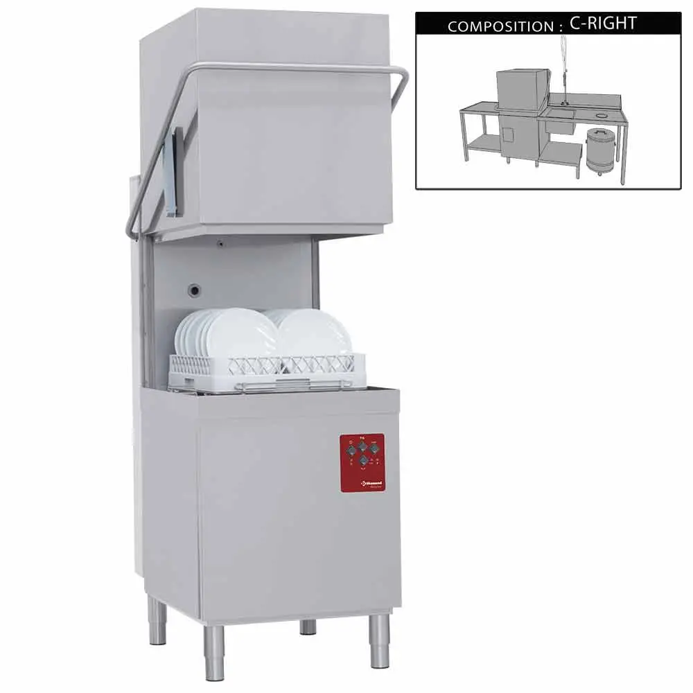 Diamond DXE8/6/C-D 500mm Basket Passthrough Hood Dishwasher with 1 Entry/Exit Tables, Right Side Pre-wash Table & Dustbin