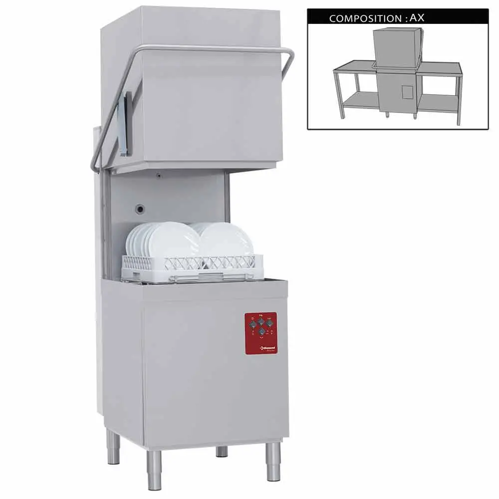 Diamond DK7/6/AX 500mm Basket Passthrough Hood Dishwasher with Entry/Exit Table, 18 Plate Capacity
