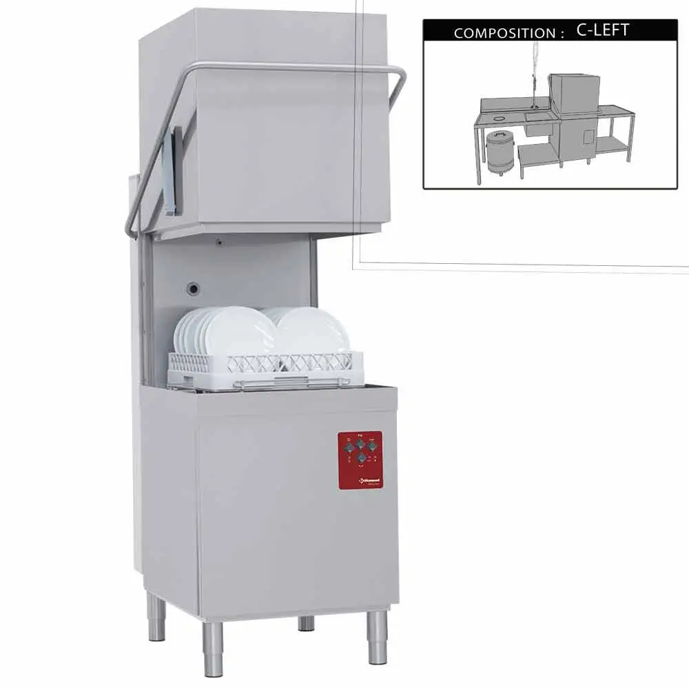 Diamond DK7/6/C-S 500mm Basket Passthrough Hood Dishwasher with 1 Entry/Exit Table, Left Side Pre-wash Table & Dustbin