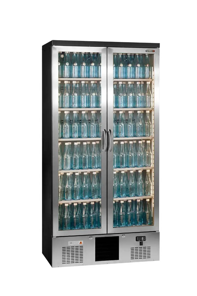 Gamko Maxiglass MG3/500GCS Maxiglass Hinged Stainless Steel Frame Glass Double Door Upright Bottle Cooler, 500 Litres