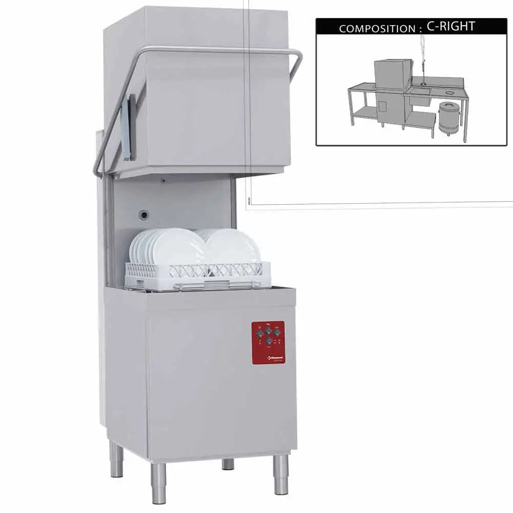 Diamond DK7/6/C-D 500mm Basket Passthrough Hood Dishwasher with 1 Entry/Exit Table, Right Side Pre-wash Table & Dustbin