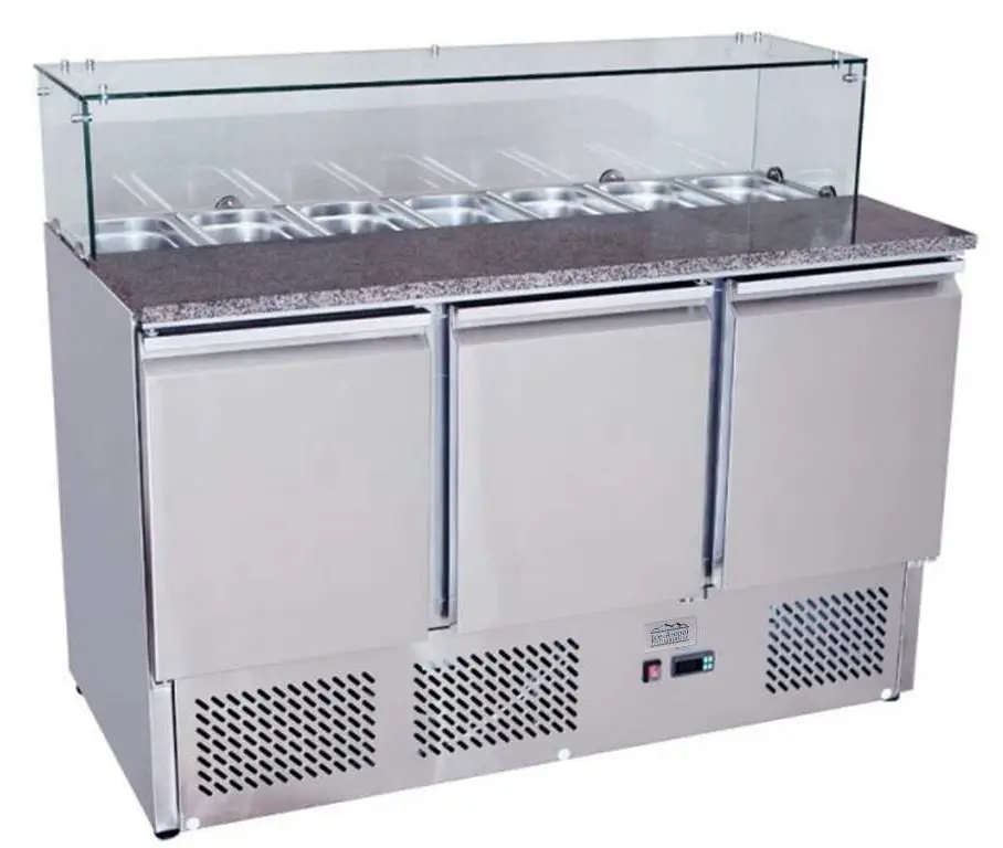 Ice-A-Cool ICE3864GR 3 Door Marble Top Saladette Preparation Counter, 380 Litres