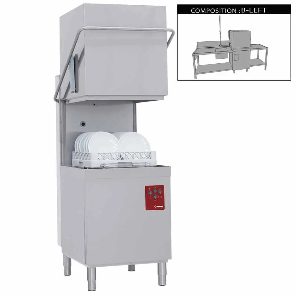 Diamond DCS9/6/B-S 500mm Basket Passthrough Hood Dishwasher with 1 Entry/Exit Table, Left Side Pre-wash Table