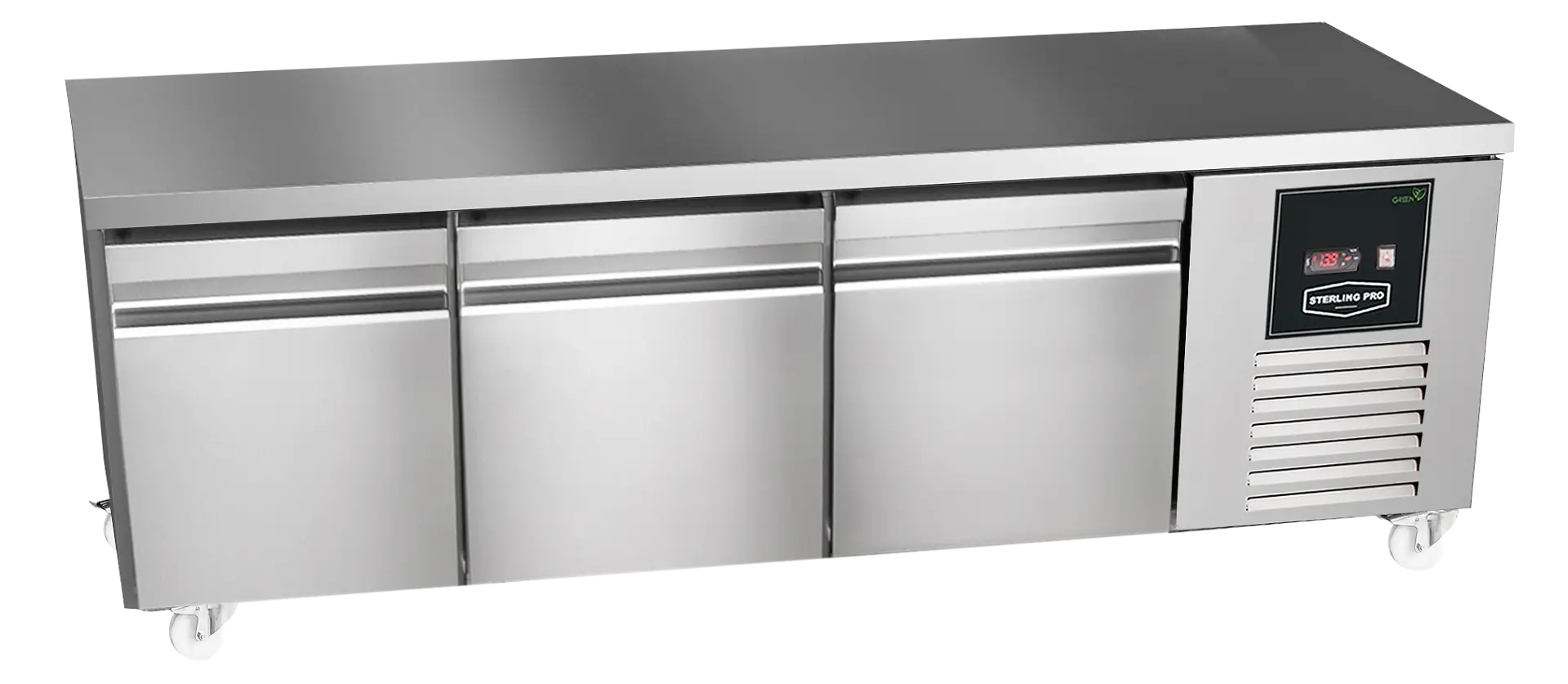 Sterling Pro Green SPI-B-180 3 Door Stainless Steel Low-Height Fridge Counter, 3 x 2/3 Drawers