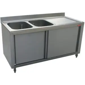 Diamond L1821D-AS Sink 2 Tanks 500X500Xh325, Right Draining Board On Cupboard With 2 Sliding Doors