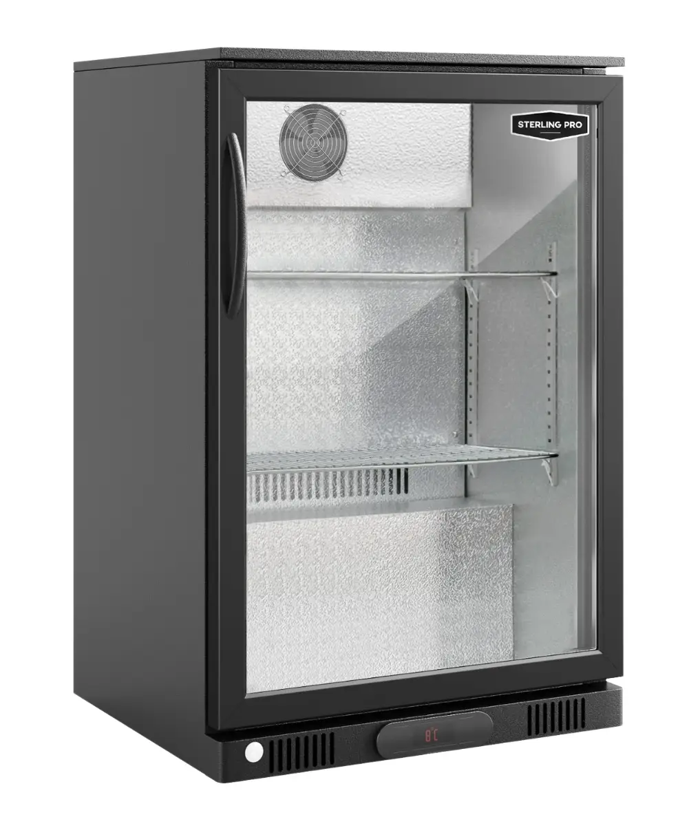 Sterling Pro Green SP1HC-LOW-BK Hinged Single Door Low Height Bottle Cooler, 106 x 330ml Bottles