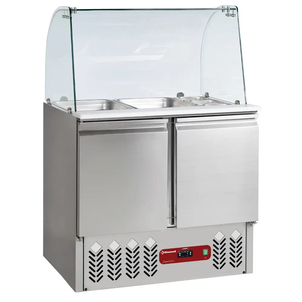Diamond SAL2M/R6_KV2 2 Door Refrigerated Saladette Counter with Lid & Cuved Glass Kit, 240 Litres
