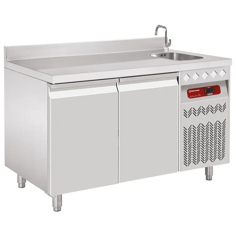Diamond DT131/P9A_EV 2 Door Stainless Steel Refrigerated Counter with Sink & Splashback, 260 Litres