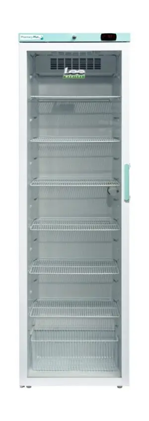 LEC Medical PPGR400BT-LHH Left Hand Hinge Glass Single Door Pharmacy Plus Bluetooth Enabled Upright Refrigerator, 400 Litres