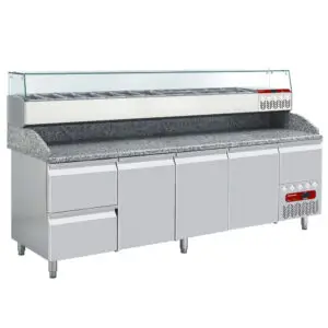 Diamond TP361/P9_SX249G/PP9 3 Door / 2 Drawer Refrigerated Counter with Splashback & Topping Unit, 12 x 1/4 GN