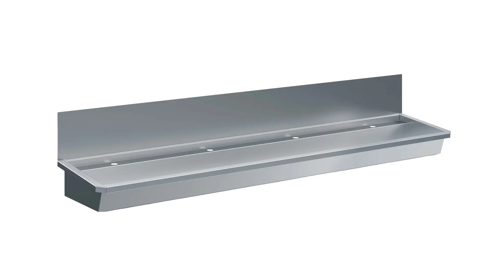SS WASH BASIN 4 TAPS 2400MM DRAIN PLUG AND SPLASH SHIELD INCLUDED, EXCLUDING FAUCETS