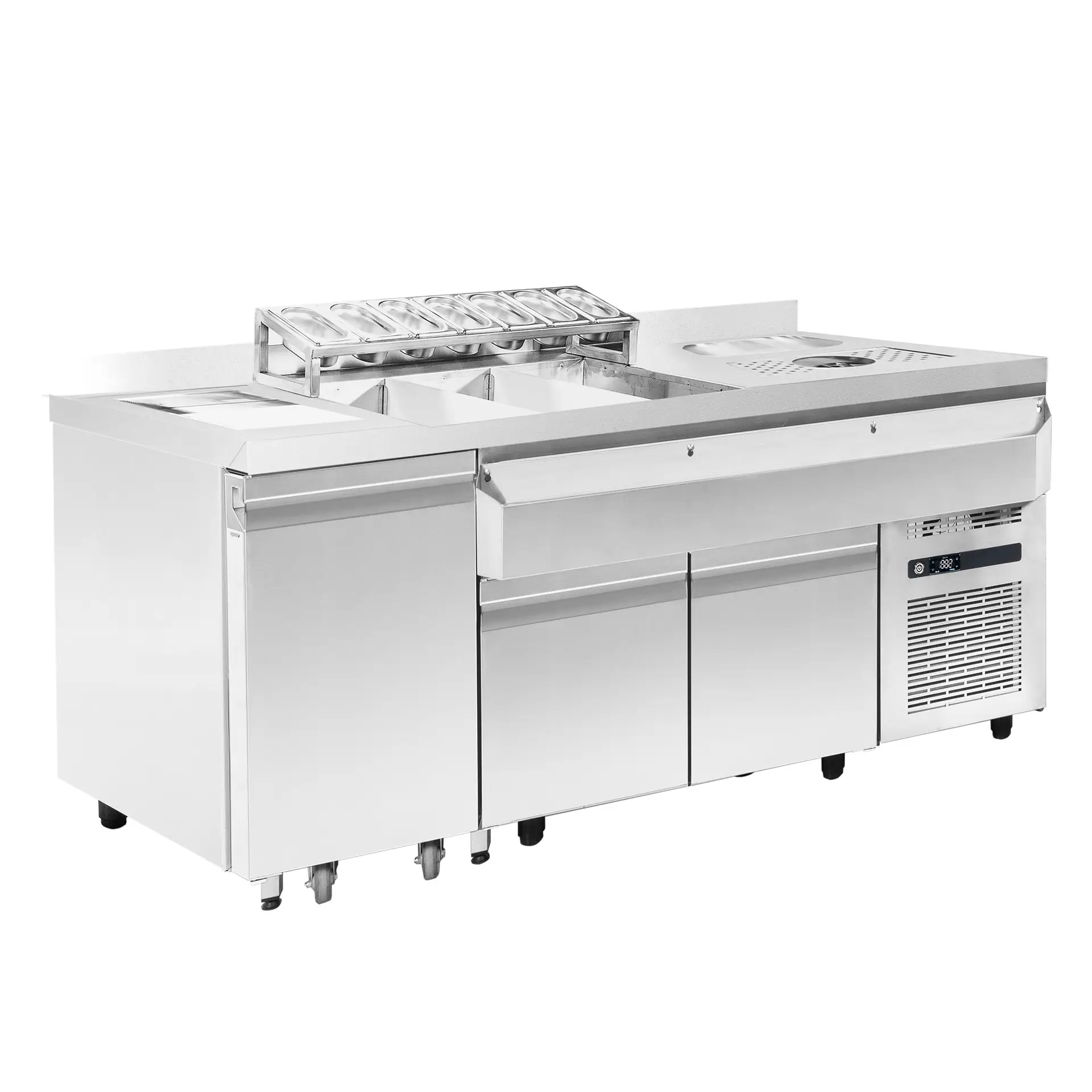 REFRIGERATED COCKTAIL BAR STATION INCL. SINK, GLASS RINSER, SPEEDRAIL FOR BOTTLES, CUTTING BOARD AND WASTE BIN