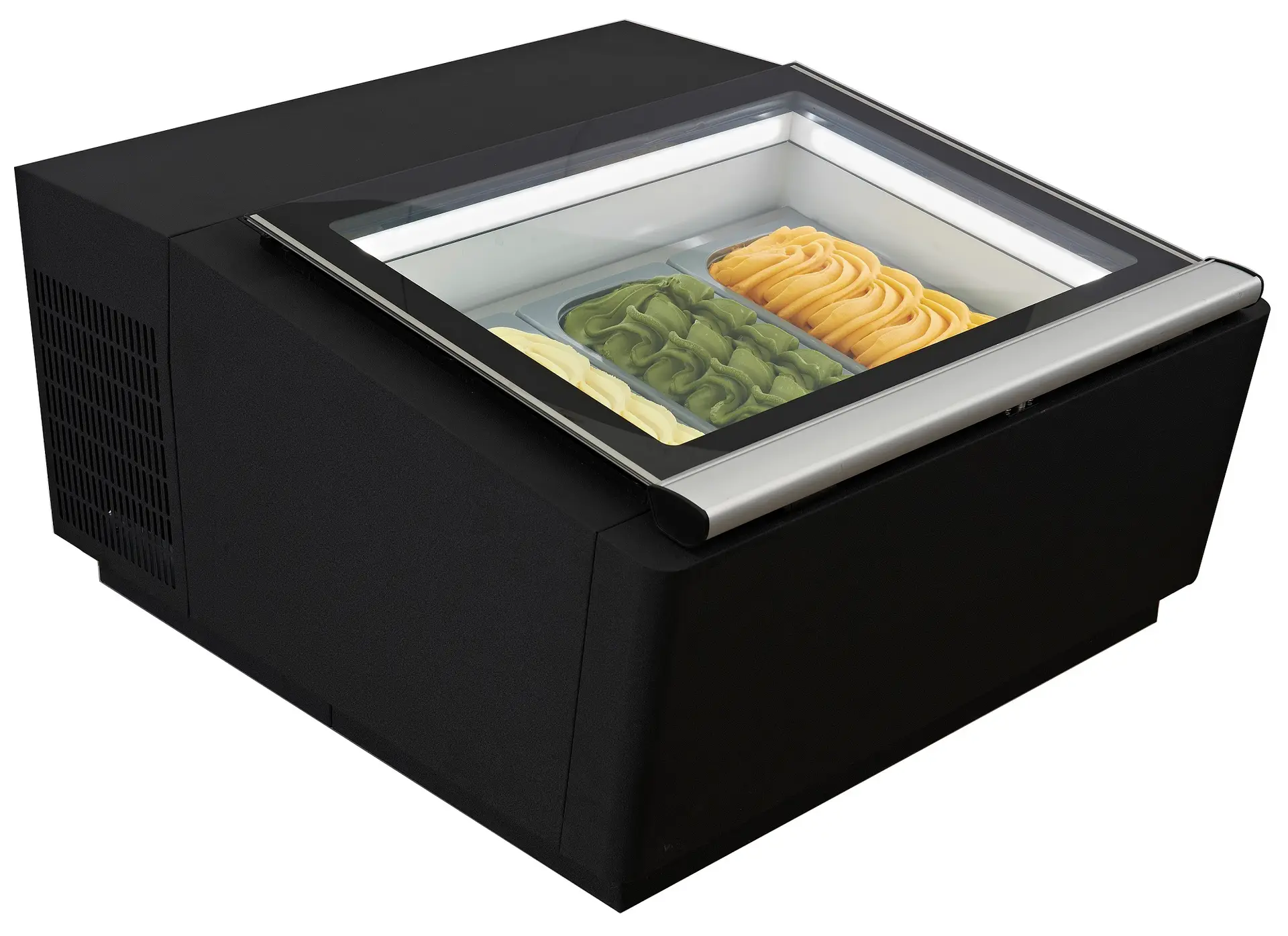 COUNTERTOP MODEL ICE CREAM DISPLAY BLACK OPENS ON THE OPERATING SIDE
