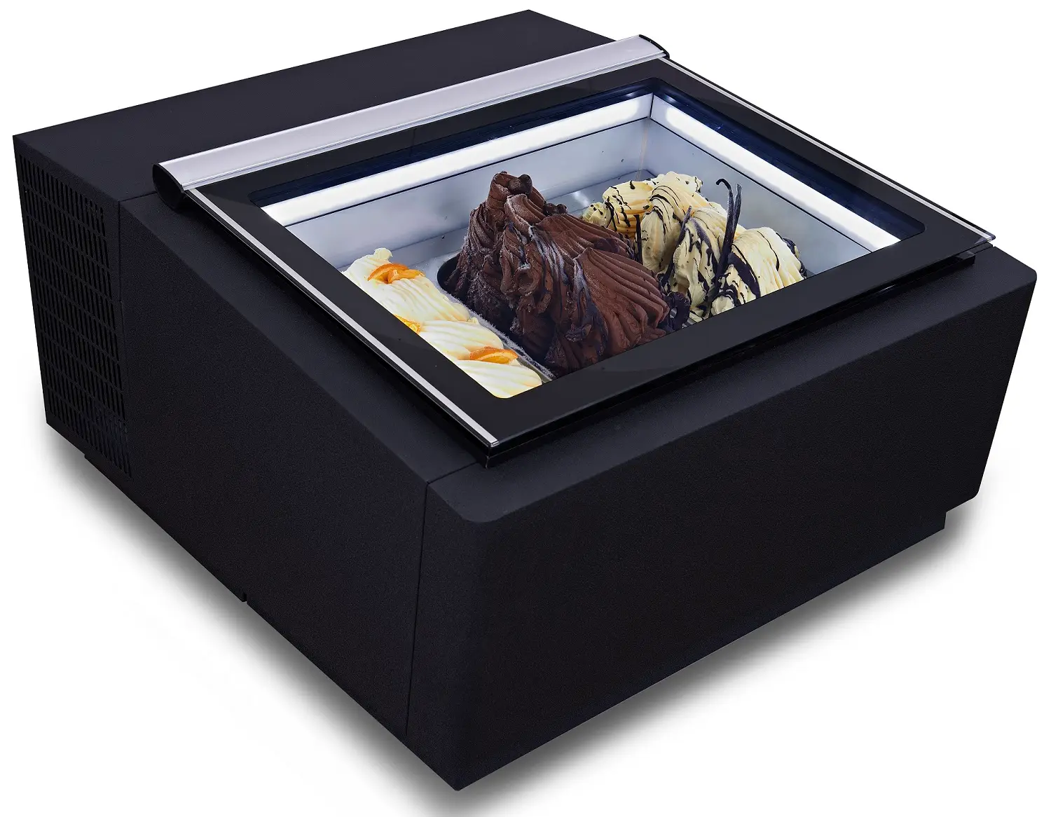 COUNTERTOP MODEL ICE CREAM DISPLAY BLACK OPENS ON THE CUSTOMER SIDE