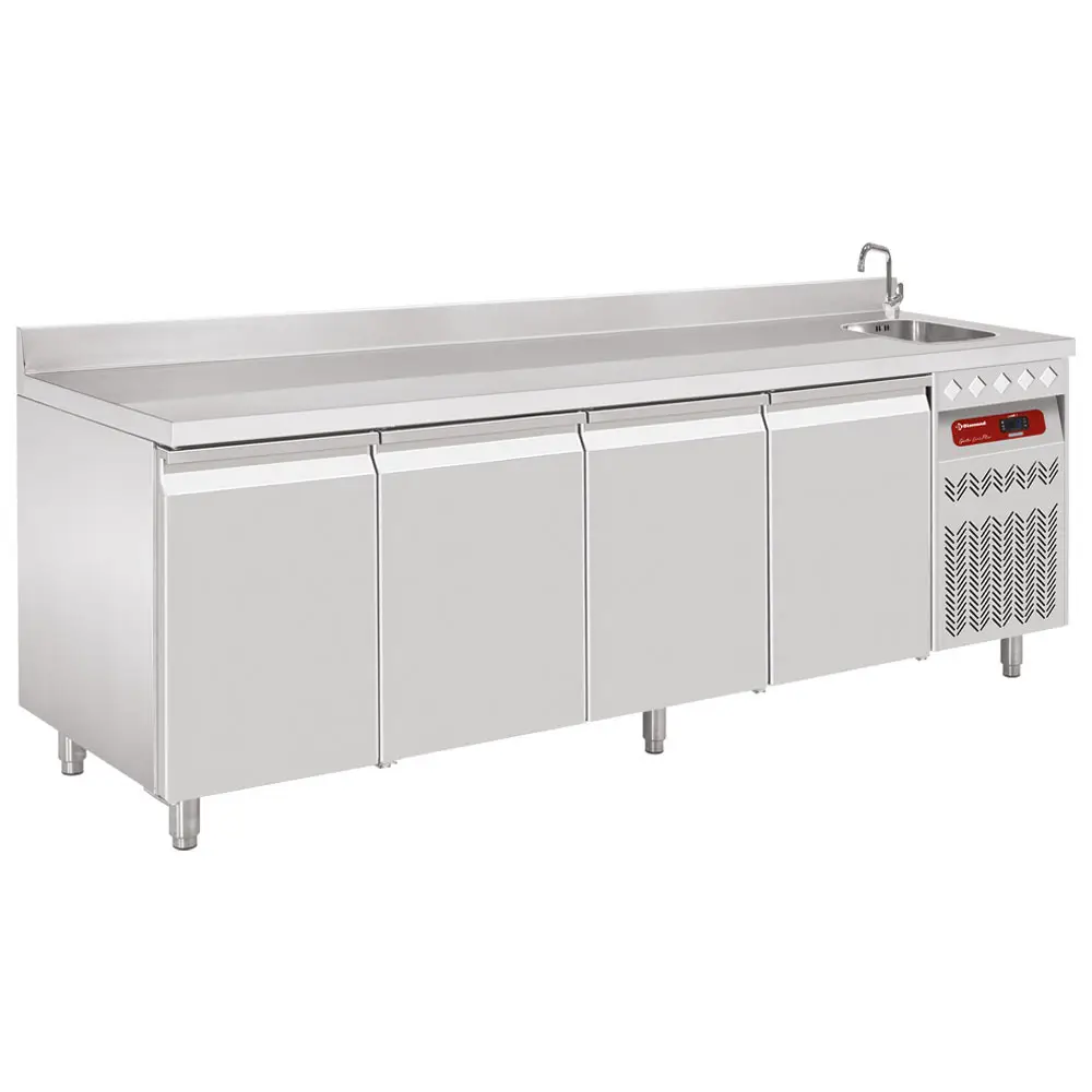 Diamond DT224/P9A_EV 4 Door Stainless Steel Refrigerated Counter with Splashback & Sink, 550 Litres