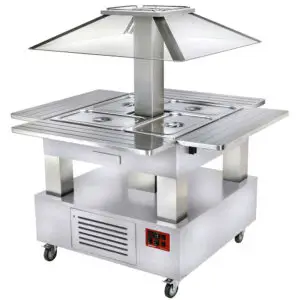 Diamond CSB/4D-A1-R2_KM White Wood Refrigerated Island Buffet Salad Bar with Motorised Roof, 4 x 1/1 GN