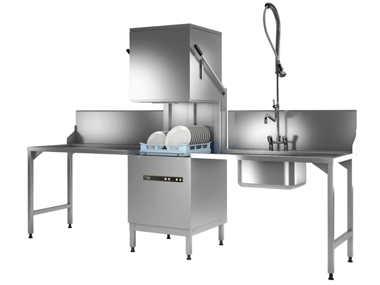 Hobart Ecomax H604SW-12B Hood / Passthrough 500mm Basket Frontloading Commercial Dishwasher with Integral Water Softener & Drain Pump, 18 Plate Capacity - Image 2