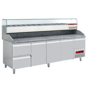 Diamond TP361/P9_SY249G/PP9 3 Door / 2 Drawer Refrigerated Counter with Splashback & Topping Unit, 11 x 1/3 GN