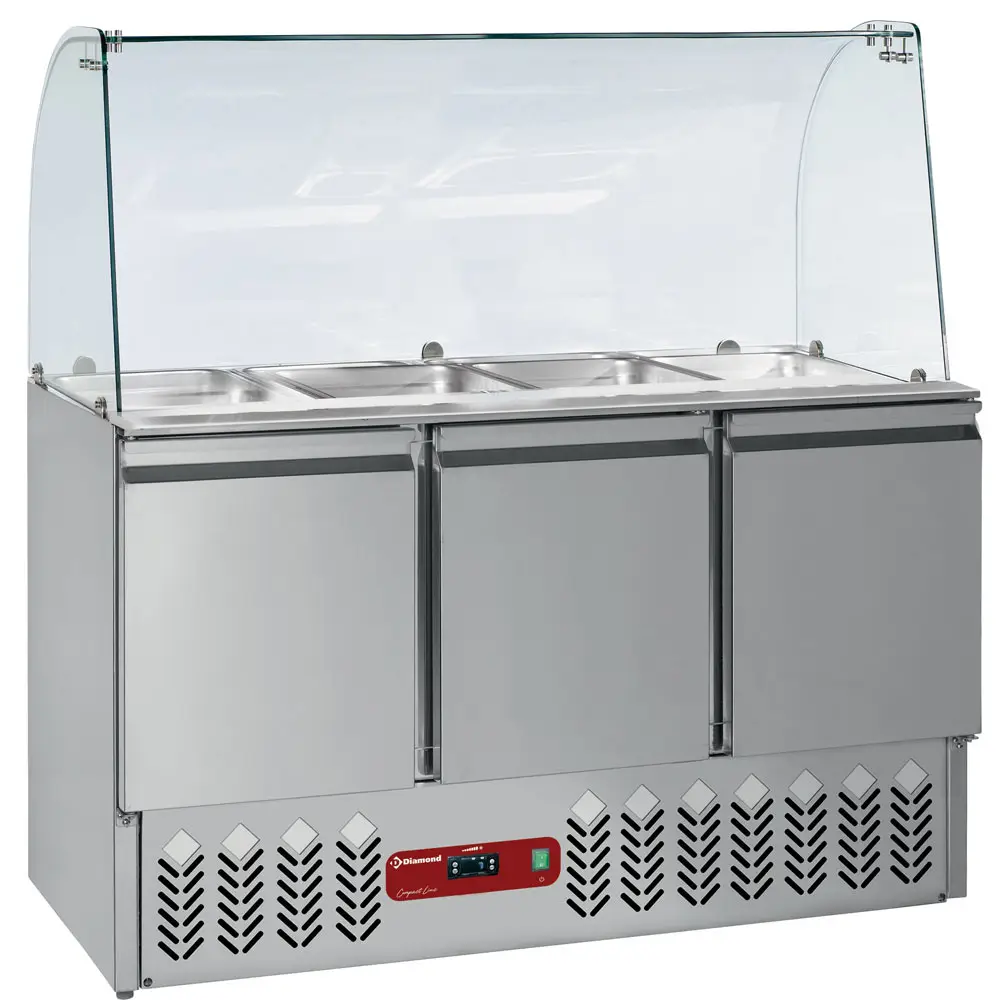Diamond SAL3M/R6_KV3 3 Door Refrigerated Saladette Counter with Lid & Cuved Glass Kit, 380 Litres