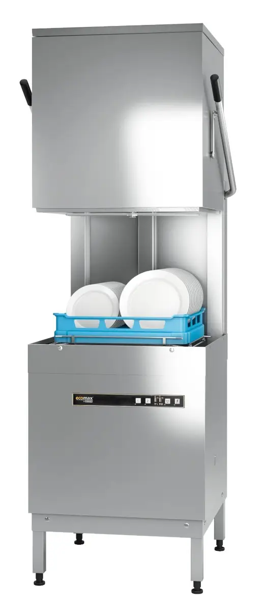 Hobart Ecomax H604SW-12B Hood / Passthrough 500mm Basket Frontloading Commercial Dishwasher with Integral Water Softener & Drain Pump, 18 Plate Capacity