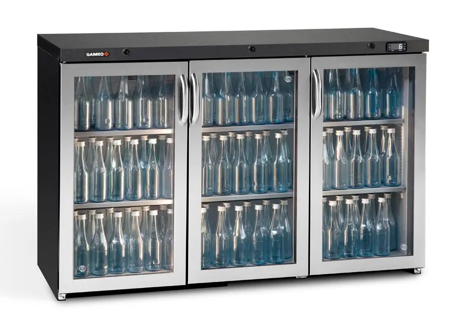 Gamko Maxiglass MG3/315GCS Maxiglass Hinged Stainless Steel Frame Glass Triple Door Undercounter Bottle Cooler, 315 Litres