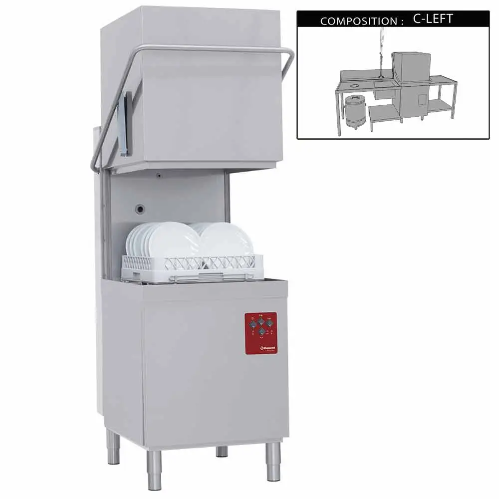 Diamond DCS9/6/C-S 500mm Basket Passthrough Hood Dishwasher with 1 Entry/Exit Table, Left Side Pre-wash Table & Dustbin