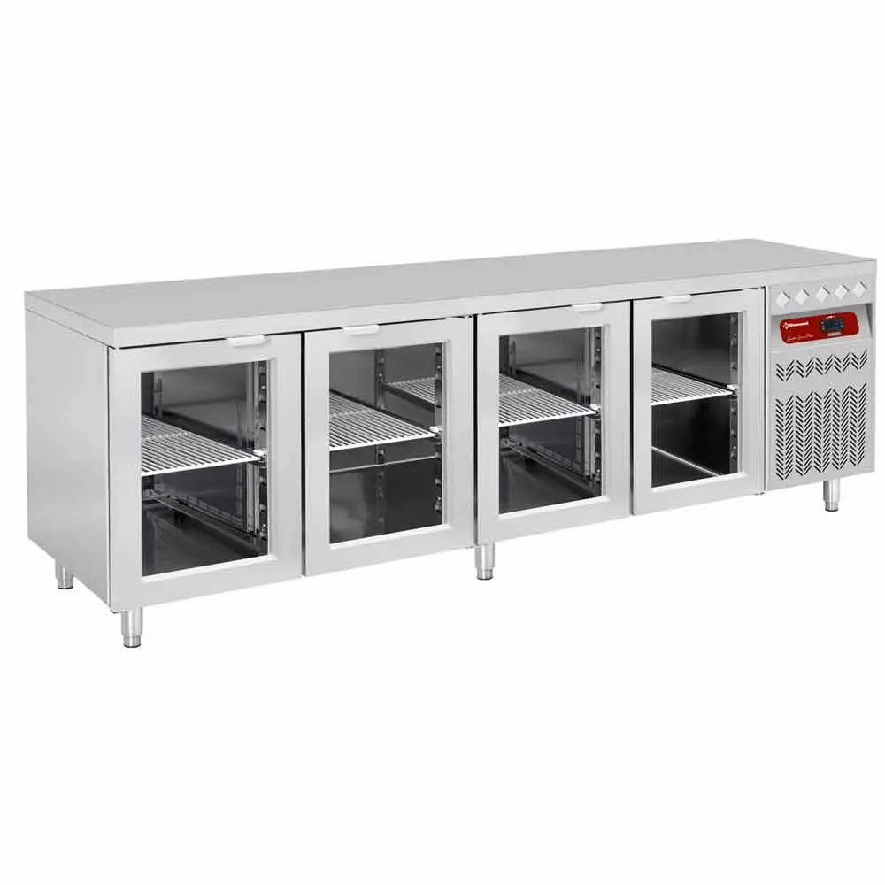 Diamond DT224/P9-VD Ventilated refrigerated table, 4 glass doors GN 1/1, 550 Lit.