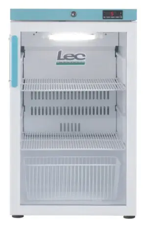LEC Medical PEGR107UK Glass Single Door Pharmacy Essential Countertop Refrigerator, 107 Litres
