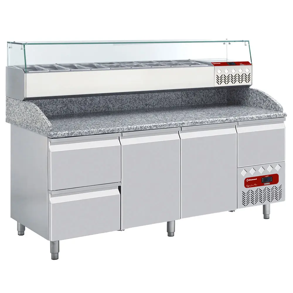 Diamond TP261/P9_SX198G/PP9 2 Door / 2 Drawer Refrigerated Counter with Splashback & Topping Unit, 9 x 1/4 GN