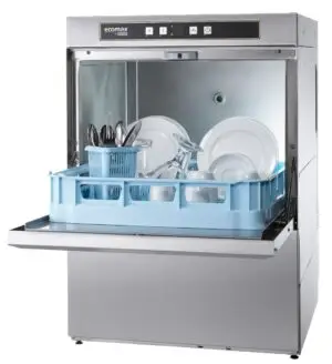 Hobart Ecomax F504SW-20B 500mm Basket Frontloading Commercial Dishwasher with Integral Water Softener & Drain Pump, 18 Plates