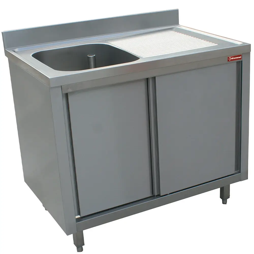 Diamond L1411D-AS Sink 1 Tank 600X500Xh275, Right Draining Board On Cupboard 2 Sliding Doors