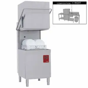 Diamond 015-25D/6/C-D 500mm Basket Passthrough Hood Dishwasher with 1 Entry/Exit Table, Right Side Pre-wash Table & Dustbin