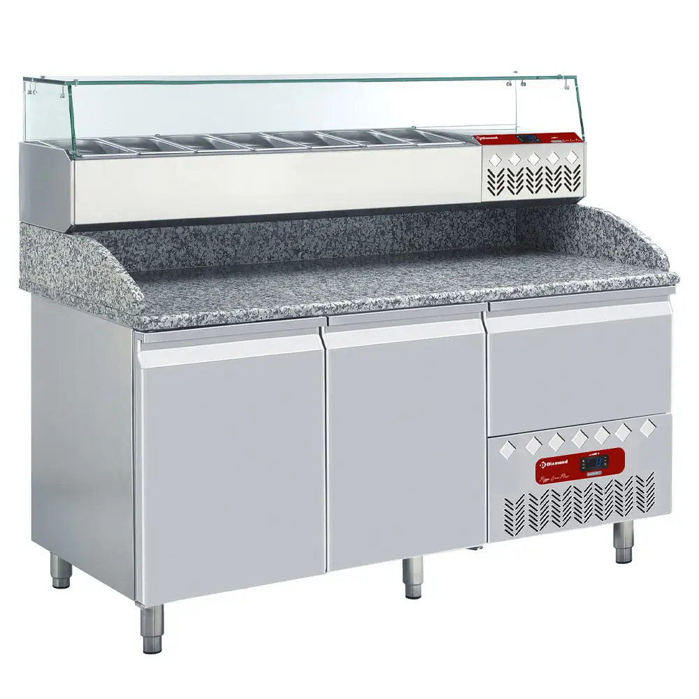 Diamond TP23/P9_SY160G/PP9 Set 2 Door Refrigerated Counter with Splashback & Topping Unit, 6 x 1/3 GN