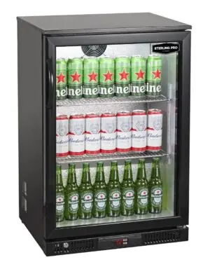 Sterling Pro Green SP1LO-OUT-BK Hinged Single Door Low Height Black Outdoor Bottle Cooler, 106 x 330ml Bottles
